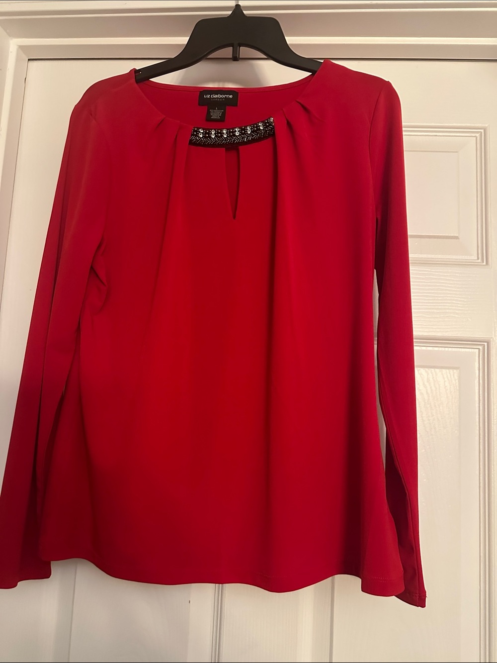 Liz Claiborne Red Long-Sleeve Blouse with Jeweled Neckline